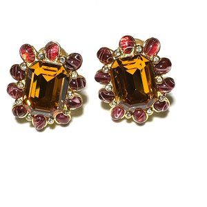 KENNETH JAY LANE, TOPAZ/RUBY CABOCHON EARRING-CLIP